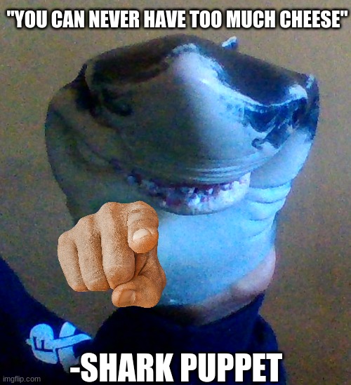 "YOU CAN NEVER HAVE TOO MUCH CHEESE"; -SHARK PUPPET | image tagged in shark puppet,cheese,historical meme,funny | made w/ Imgflip meme maker