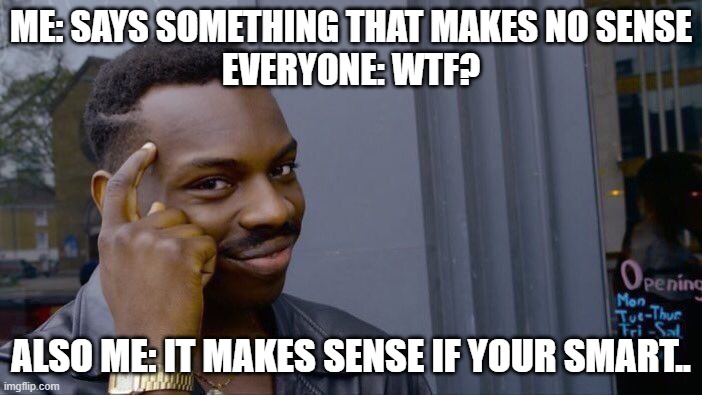 Makes perfect sense | ME: SAYS SOMETHING THAT MAKES NO SENSE
EVERYONE: WTF? ALSO ME: IT MAKES SENSE IF YOUR SMART.. | image tagged in memes,roll safe think about it | made w/ Imgflip meme maker
