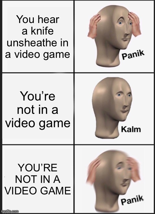 Lol meme | You hear a knife unsheathe in a video game; You’re not in a video game; YOU’RE NOT IN A VIDEO GAME | image tagged in memes,panik kalm panik | made w/ Imgflip meme maker