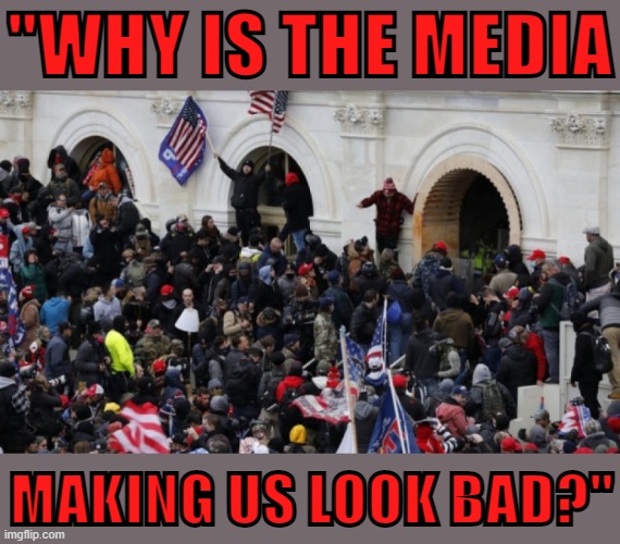 MAGA rioters like | "WHY IS THE MEDIA; MAKING US LOOK BAD?" | image tagged in maga riot,capitol hill,riot,maga,conservative logic,media | made w/ Imgflip meme maker