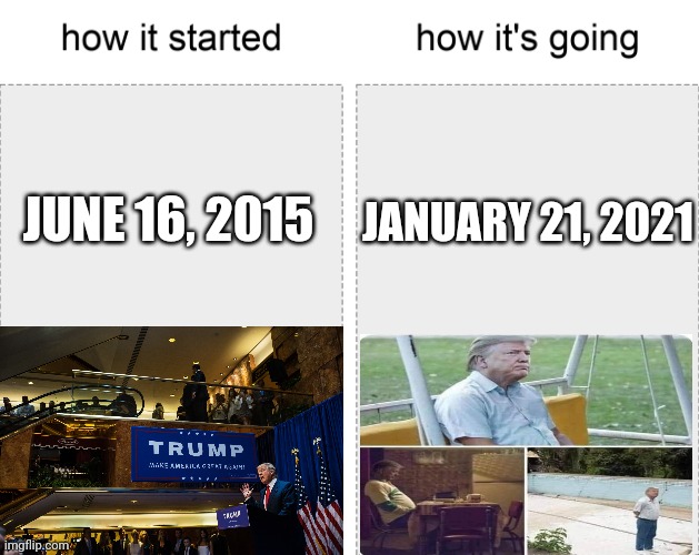 Trump how it started how it's going | JANUARY 21, 2021; JUNE 16, 2015 | image tagged in how it started vs how it's going,trump | made w/ Imgflip meme maker