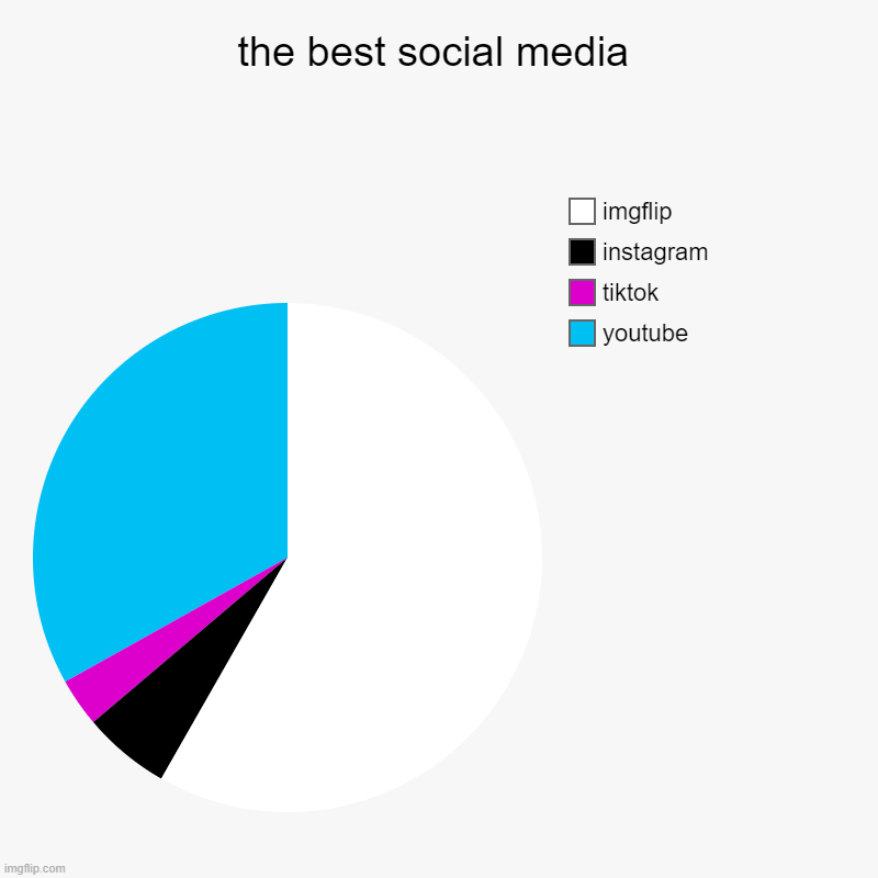 social media chart | the best social media | youtube, tiktok, instagram, imgflip | image tagged in charts,pie charts,social media,funny memes,tiktok sucks,imgflip | made w/ Imgflip chart maker