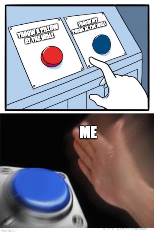 My Brain In Autopilot | THROW MY PHONE AT THE WALL; THROW A PILLOW AT THE WALL; ME | image tagged in two buttons 1 blue | made w/ Imgflip meme maker