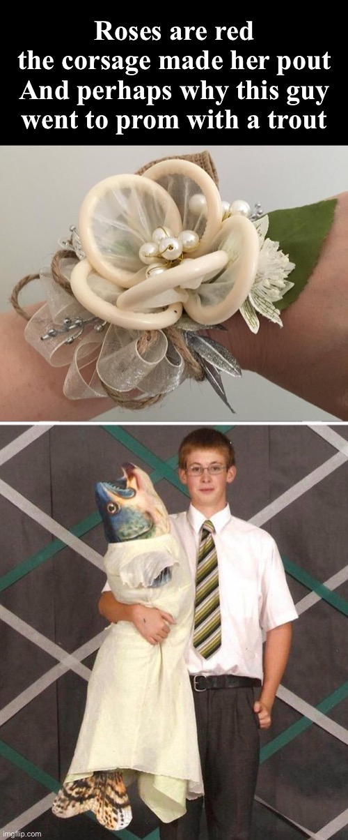 Hopefully One Day He Figured It Out | Roses are red
the corsage made her pout
And perhaps why this guy
went to prom with a trout | image tagged in funny memes,relationships,bad poetry,roses are red,prom | made w/ Imgflip meme maker