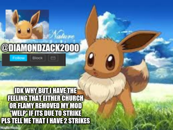 pls speak up if i had strikes i respect it if i do i will wait | IDK WHY BUT I HAVE THE FEELING THAT EITHER CHURCH OR FLAMY REMOVED MY MOD *WELP* IF ITS DUE TO STRIKE PLS TELL ME THAT I HAVE 2 STRIKES | image tagged in zacks eevee template | made w/ Imgflip meme maker