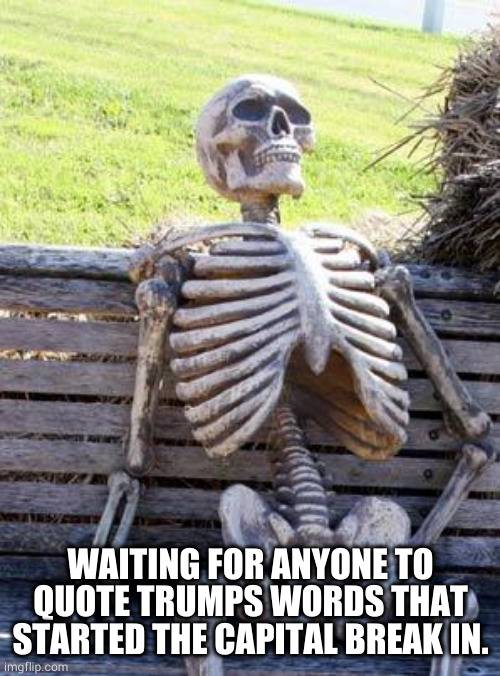 Waiting Skeleton Meme | WAITING FOR ANYONE TO QUOTE TRUMPS WORDS THAT STARTED THE CAPITAL BREAK IN. | image tagged in memes,waiting skeleton | made w/ Imgflip meme maker