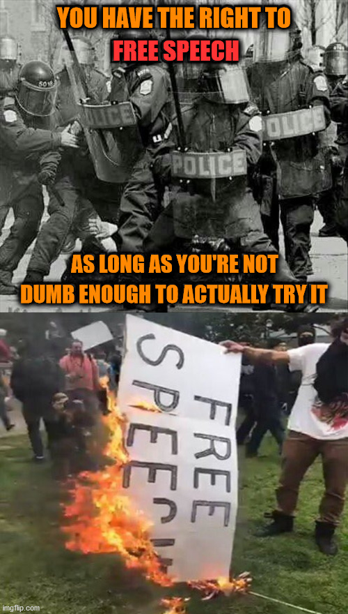 You can say whatever you want as long as they approve it first. | FREE SPEECH; YOU HAVE THE RIGHT TO; AS LONG AS YOU'RE NOT; DUMB ENOUGH TO ACTUALLY TRY IT | image tagged in free speech,political meme | made w/ Imgflip meme maker