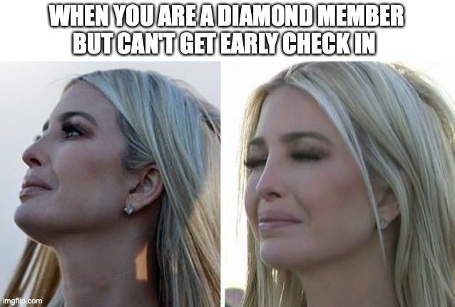 hotel diamond member | WHEN YOU ARE A DIAMOND MEMBER BUT CAN'T GET EARLY CHECK IN | image tagged in hotel,diamond member,ivanka trump | made w/ Imgflip meme maker