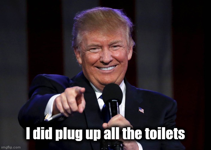 Trump laughing at haters | I did plug up all the toilets | image tagged in trump laughing at haters | made w/ Imgflip meme maker