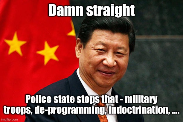 Xi Jinping | Damn straight Police state stops that - military troops, de-programming, indoctrination, .... | image tagged in xi jinping | made w/ Imgflip meme maker