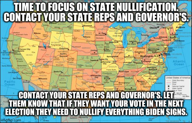Time for state nullification | TIME TO FOCUS ON STATE NULLIFICATION. CONTACT YOUR STATE REPS AND GOVERNOR'S. CONTACT YOUR STATE REPS AND GOVERNOR'S. LET THEM KNOW THAT IF THEY WANT YOUR VOTE IN THE NEXT ELECTION THEY NEED TO NULLIFY EVERYTHING BIDEN SIGNS. | image tagged in map of united states | made w/ Imgflip meme maker