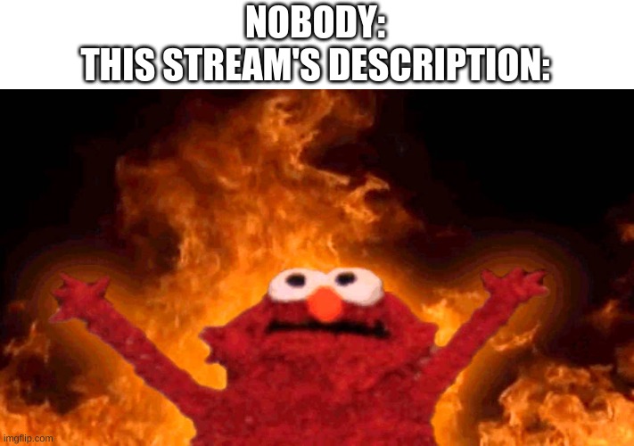 elmo fire | NOBODY:
THIS STREAM'S DESCRIPTION: | image tagged in elmo fire | made w/ Imgflip meme maker