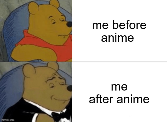 Tuxedo Winnie The Pooh Meme | me before anime; me after anime | image tagged in memes,tuxedo winnie the pooh | made w/ Imgflip meme maker