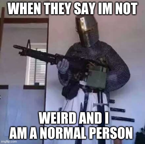 I aM WeRiD | WHEN THEY SAY IM NOT; WEIRD AND I AM A NORMAL PERSON | image tagged in crusader knight with m60 machine gun | made w/ Imgflip meme maker
