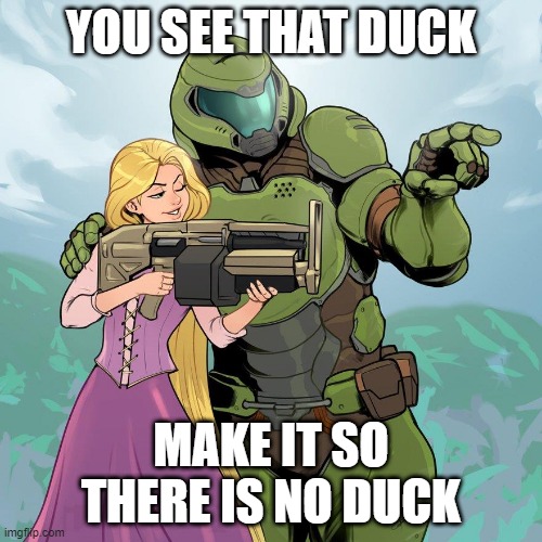doom guy teaching Rapunzel how to fire the heavy assult rifle | YOU SEE THAT DUCK; MAKE IT SO THERE IS NO DUCK | image tagged in doom guy teaching rapunzel how to fire the heavy assult rifle | made w/ Imgflip meme maker