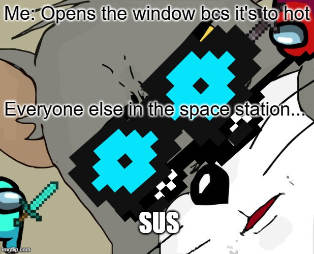 SUS | Me: Opens the window bcs it's to hot; Everyone else in the space station... SUS | image tagged in funny memes | made w/ Imgflip meme maker