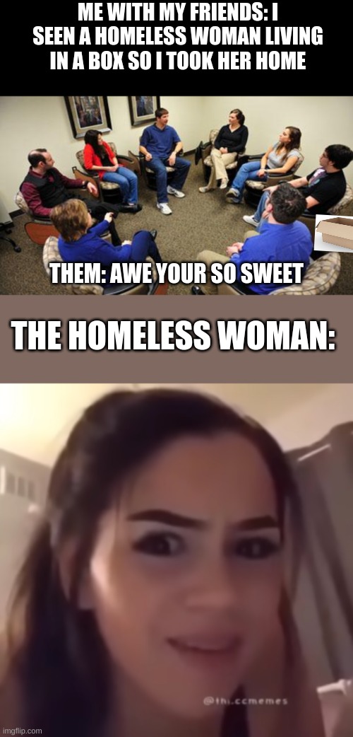Homeless meme | ME WITH MY FRIENDS: I SEEN A HOMELESS WOMAN LIVING IN A BOX SO I TOOK HER HOME; THEM: AWE YOUR SO SWEET; THE HOMELESS WOMAN: | image tagged in group therapy,if you're homeless just buy a house | made w/ Imgflip meme maker