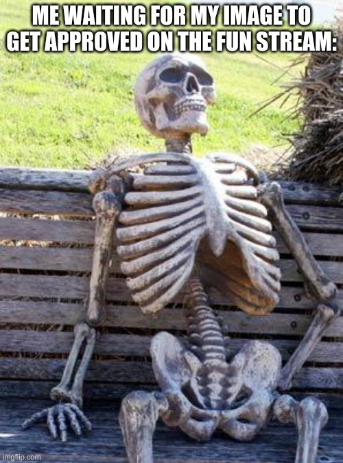 it takes 2-5 hours | ME WAITING FOR MY IMAGE TO GET APPROVED ON THE FUN STREAM: | image tagged in memes,waiting skeleton | made w/ Imgflip meme maker