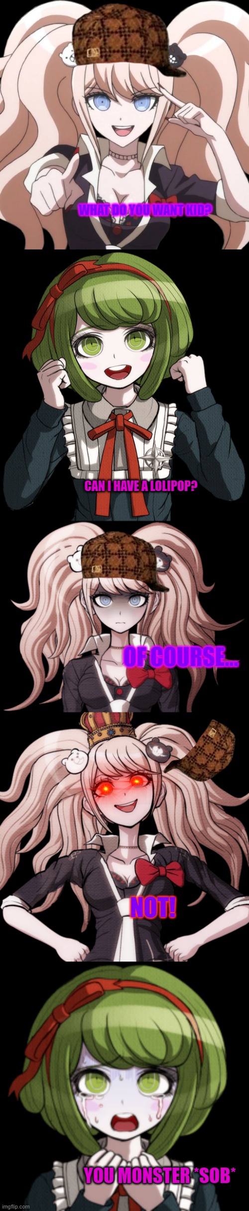 Monaca cries | WHAT DO YOU WANT KID? CAN I HAVE A LOLIPOP? OF COURSE... NOT! YOU MONSTER *SOB* | image tagged in memes,danganronpa,funny | made w/ Imgflip meme maker