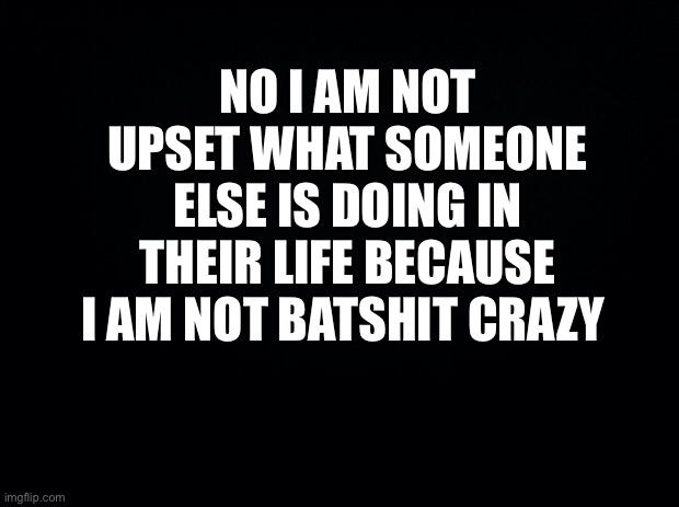 Black background | NO I AM NOT UPSET WHAT SOMEONE ELSE IS DOING IN THEIR LIFE BECAUSE I AM NOT BATSHIT CRAZY | image tagged in black background | made w/ Imgflip meme maker