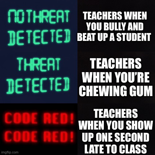 And if the bully victim punches back, “THREAT DETECTED”. | TEACHERS WHEN YOU BULLY AND BEAT UP A STUDENT; TEACHERS WHEN YOU’RE CHEWING GUM; TEACHERS WHEN YOU SHOW UP ONE SECOND LATE TO CLASS | image tagged in threat,teachers,red | made w/ Imgflip meme maker