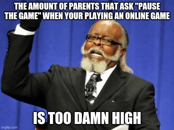 Meme | THE AMOUNT OF PARENTS THAT ASK "PAUSE THE GAME" WHEN YOUR PLAYING AN ONLINE GAME; IS TOO DAMN HIGH | image tagged in memes,too damn high | made w/ Imgflip meme maker
