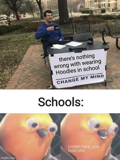 school in a nutshell | there's nothing wrong with wearing Hoodies in school; Schools: | image tagged in memes,change my mind,listen here you little shit bird,school | made w/ Imgflip meme maker