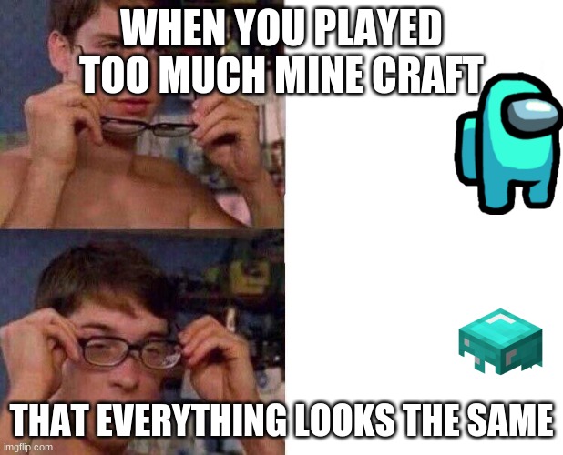 Spiderman Glasses | WHEN YOU PLAYED TOO MUCH MINE CRAFT; THAT EVERYTHING LOOKS THE SAME | image tagged in spiderman glasses | made w/ Imgflip meme maker