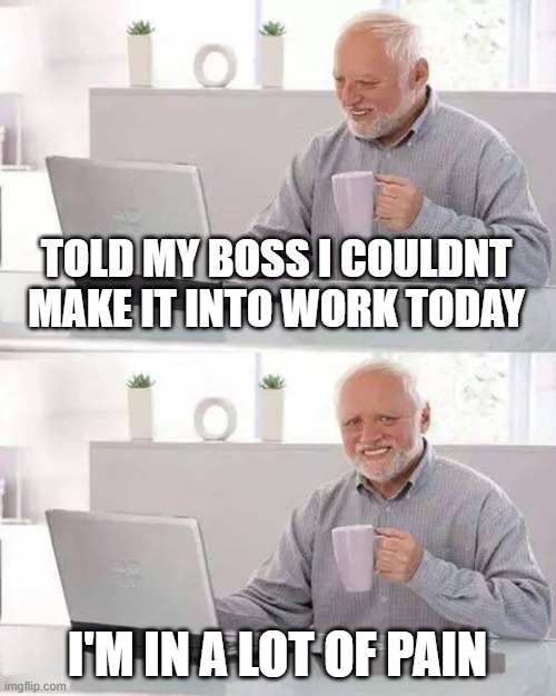 HIDE THE PAIN HAROLD, HIDE THE PAIN | TOLD MY BOSS I COULDNT MAKE IT INTO WORK TODAY; I'M IN A LOT OF PAIN | image tagged in memes,hide the pain harold,work,work sucks | made w/ Imgflip meme maker