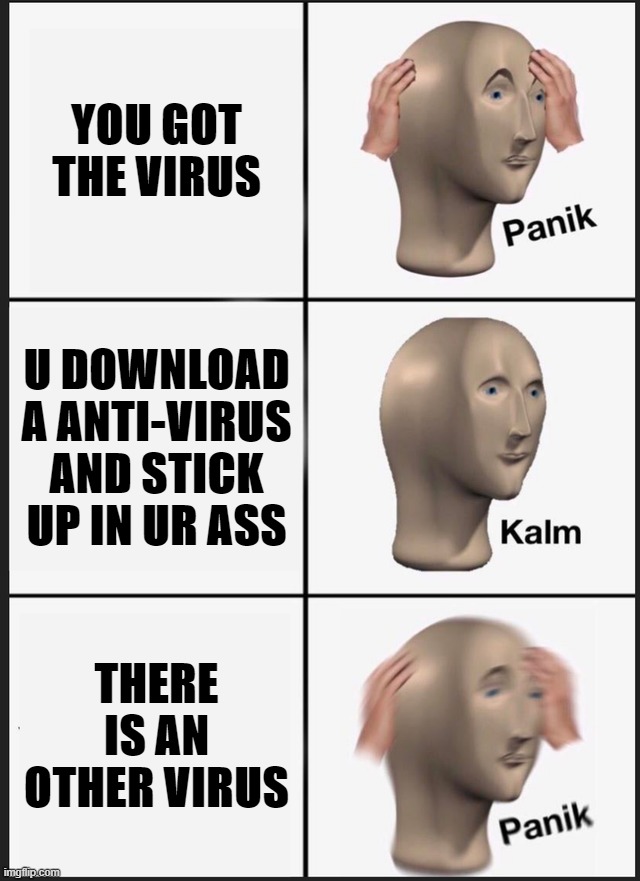 Corona Virus | YOU GOT THE VIRUS; U DOWNLOAD A ANTI-VIRUS AND STICK UP IN UR ASS; THERE IS AN OTHER VIRUS | image tagged in memes,panik kalm panik,coronavirus | made w/ Imgflip meme maker