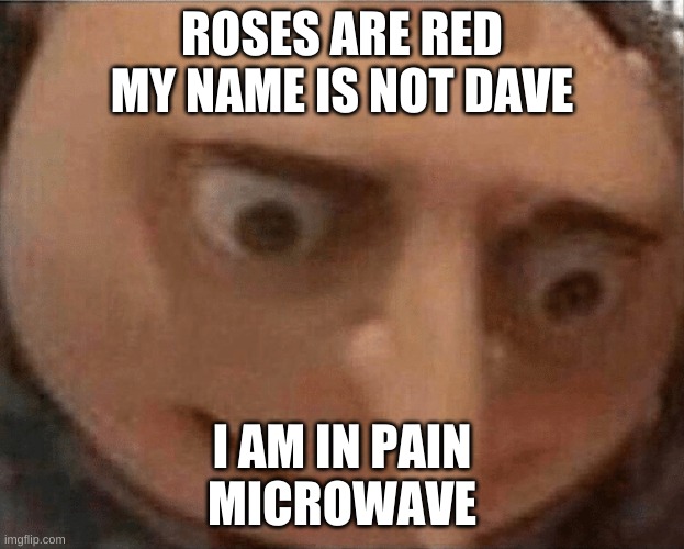 Microwave | ROSES ARE RED
MY NAME IS NOT DAVE; I AM IN PAIN
MICROWAVE | image tagged in uh oh gru | made w/ Imgflip meme maker