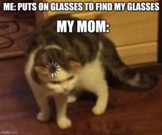 I need to find them | MY MOM:; ME: PUTS ON GLASSES TO FIND MY GLASSES | image tagged in loading cat | made w/ Imgflip meme maker