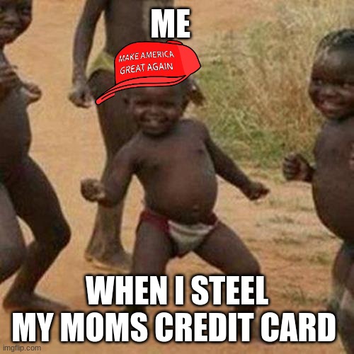 Third World Success Kid Meme | ME; WHEN I STEEL MY MOMS CREDIT CARD | image tagged in memes,third world success kid | made w/ Imgflip meme maker