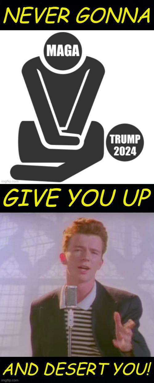 NEVER GONNA; GIVE YOU UP; AND DESERT YOU! | image tagged in black background,qanon,maga,trump lost,dashhopes,delusional | made w/ Imgflip meme maker