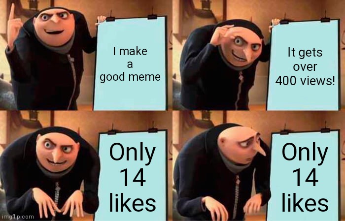 But who needs upvotes anyways. It's all about making people smile | I make a good meme; It gets over 400 views! Only 14 likes; Only 14 likes | image tagged in memes,gru's plan | made w/ Imgflip meme maker