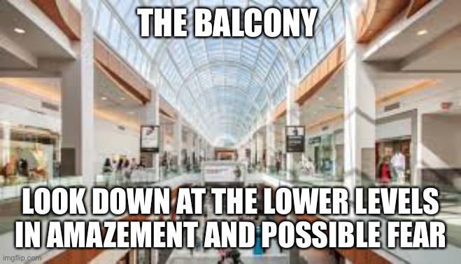 Shopping Mall | THE BALCONY; LOOK DOWN AT THE LOWER LEVELS IN AMAZEMENT AND POSSIBLE FEAR | image tagged in shopping mall | made w/ Imgflip meme maker