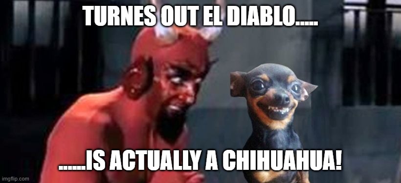 Chihuahuas aren't scary! | TURNES OUT EL DIABLO..... ......IS ACTUALLY A CHIHUAHUA! | image tagged in satan,devil,sick | made w/ Imgflip meme maker