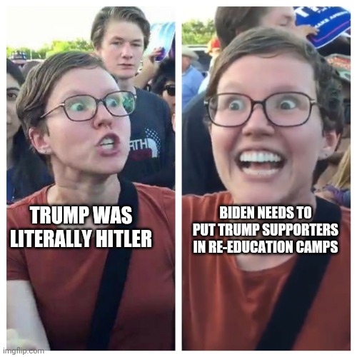 Triggered hypocrite feminist | BIDEN NEEDS TO PUT TRUMP SUPPORTERS IN RE-EDUCATION CAMPS; TRUMP WAS LITERALLY HITLER | image tagged in triggered hypocrite feminist | made w/ Imgflip meme maker