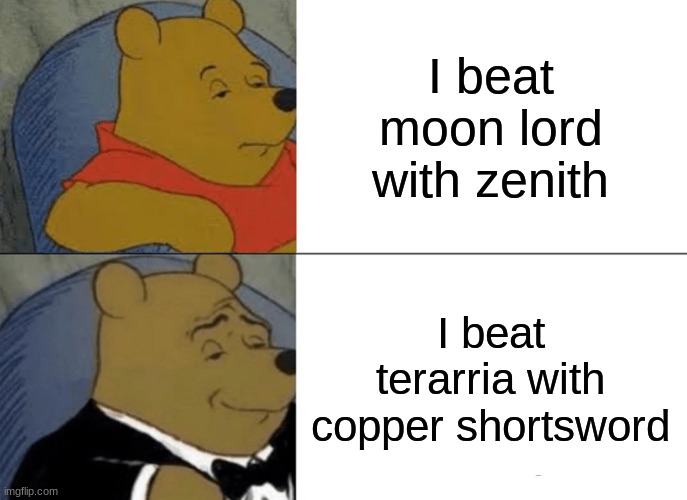 Tuxedo Winnie The Pooh | I beat moon lord with zenith; I beat terarria with copper shortsword | image tagged in memes,tuxedo winnie the pooh | made w/ Imgflip meme maker