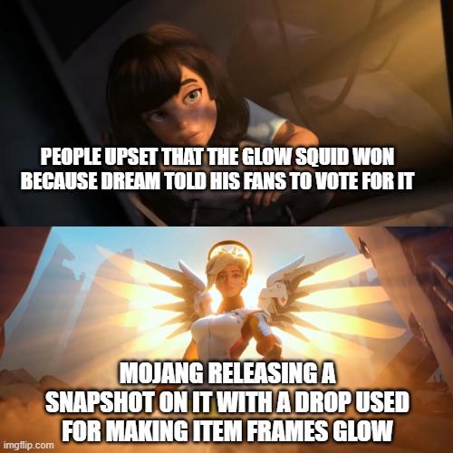 Didn't they say that the Glow Squid is only for visual purposes? | PEOPLE UPSET THAT THE GLOW SQUID WON BECAUSE DREAM TOLD HIS FANS TO VOTE FOR IT; MOJANG RELEASING A SNAPSHOT ON IT WITH A DROP USED FOR MAKING ITEM FRAMES GLOW | image tagged in overwatch mercy meme,glow squid,dream,minecraft,minecraft snapshot,caves and cliffs | made w/ Imgflip meme maker