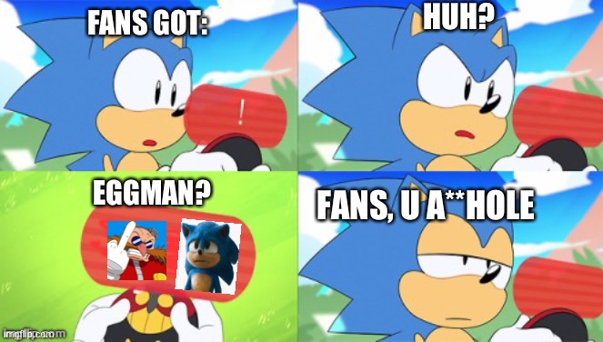 Sonic’s fans are stupid | HUH? FANS GOT:; FANS, U A**HOLE; EGGMAN? | image tagged in the sonic mania meme | made w/ Imgflip meme maker
