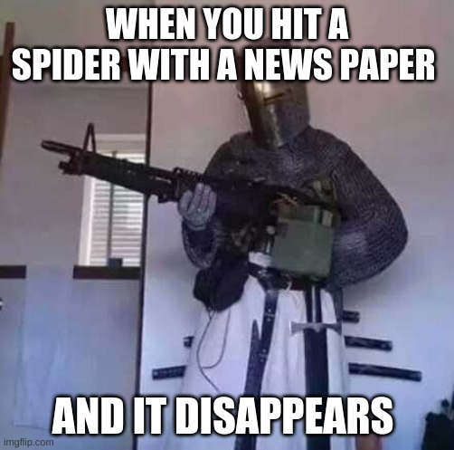 Truth | WHEN YOU HIT A SPIDER WITH A NEWS PAPER; AND IT DISAPPEARS | image tagged in crusader knight with m60 machine gun | made w/ Imgflip meme maker