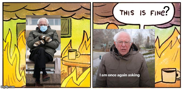 This Is Fine | ? | image tagged in memes,this is fine,bernie i am once again asking for your support,bernie sanders | made w/ Imgflip meme maker