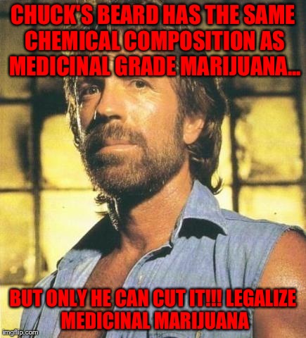 CHUCK'S BEARD HAS THE SAME CHEMICAL COMPOSITION AS MEDICINAL GRADE MARIJUANA... BUT ONLY HE CAN CUT IT!!!
LEGALIZE MEDICINAL MARIJUANA | image tagged in chuck norris | made w/ Imgflip meme maker
