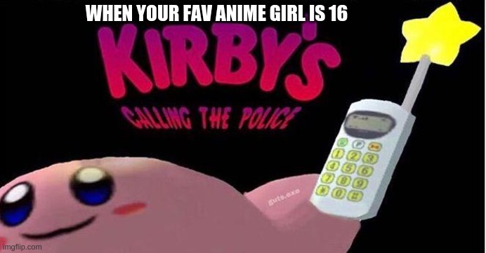 Kirby's calling the Police | WHEN YOUR FAV ANIME GIRL IS 16 | image tagged in kirby's calling the police | made w/ Imgflip meme maker