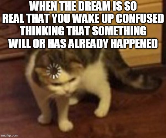 Loading cat | WHEN THE DREAM IS SO REAL THAT YOU WAKE UP CONFUSED THINKING THAT SOMETHING WILL OR HAS ALREADY HAPPENED | image tagged in loading cat | made w/ Imgflip meme maker