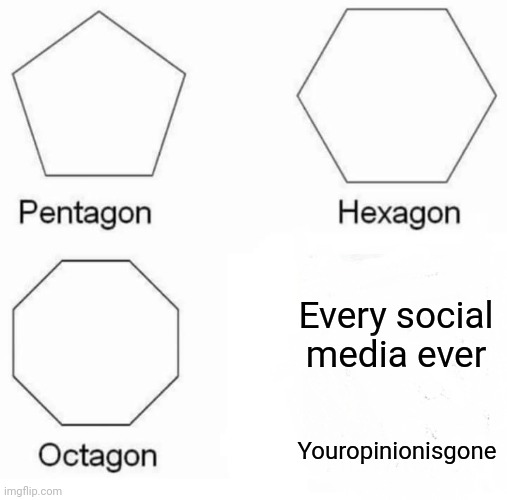 I get hated for having an opinion | Every social media ever; Youropinionisgone | image tagged in memes,pentagon hexagon octagon | made w/ Imgflip meme maker