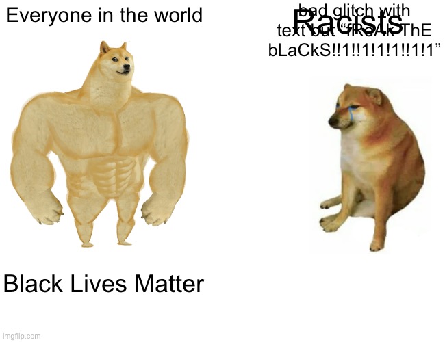 BLM | bad glitch with text but “fReAk ThE bLaCkS!!1!!1!1!1!!1!1”; Everyone in the world; Racists; Black Lives Matter | image tagged in memes,buff doge vs cheems | made w/ Imgflip meme maker
