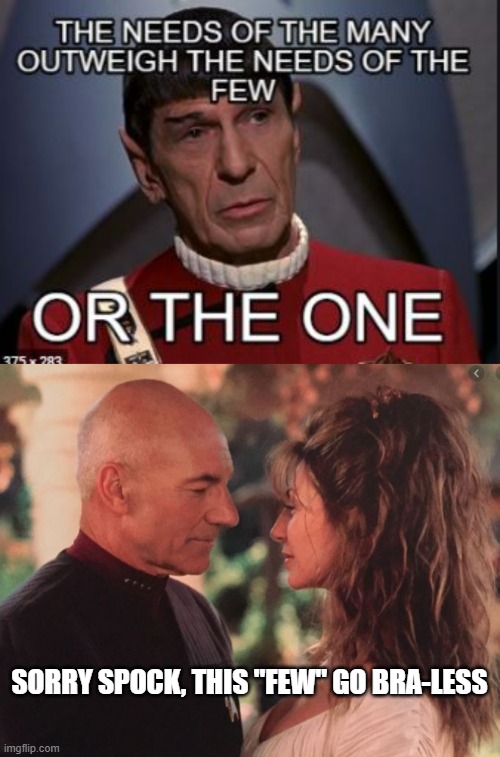 picard | SORRY SPOCK, THIS "FEW" GO BRA-LESS | image tagged in star trek the next generation | made w/ Imgflip meme maker
