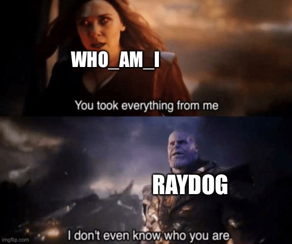 So this happend? | WHO_AM_I; RAYDOG | image tagged in you took everything from me - i don't even know who you are | made w/ Imgflip meme maker